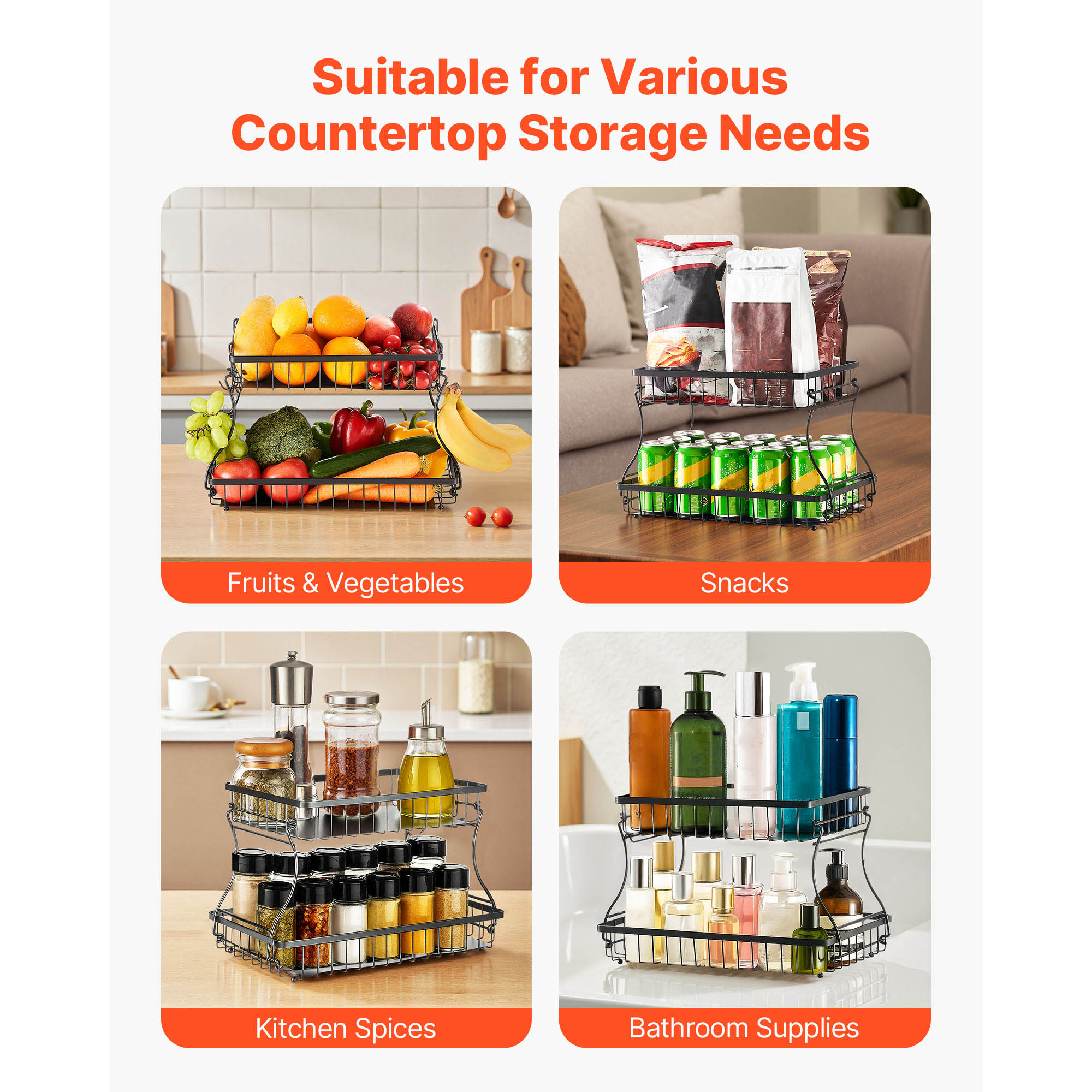 2 Tier Fruit Basket Stand With Banana Hanger For Kitchen Worktop_voghion.com